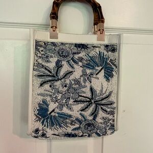Viral TikTok Elegant Floral Beaded Tote Bag - White & Blue - Bamboo Handles NWT